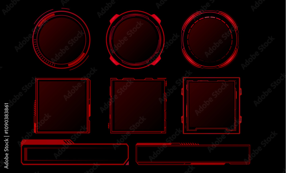 Poster futuristic red digital frames collection with circular borders, rectangular shapes and elongated ban