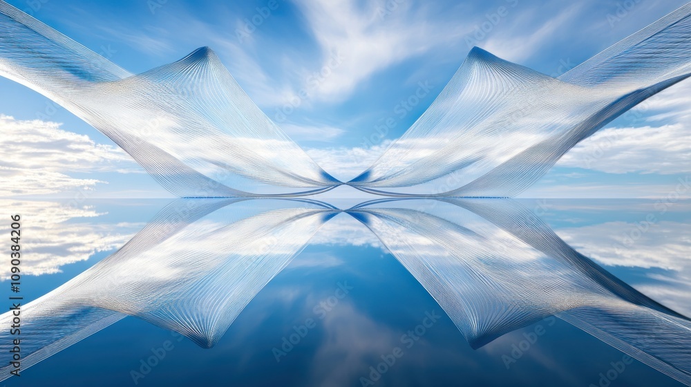 Poster a surreal landscape with flowing mesh structures reflecting in calm waters under a blue sky.