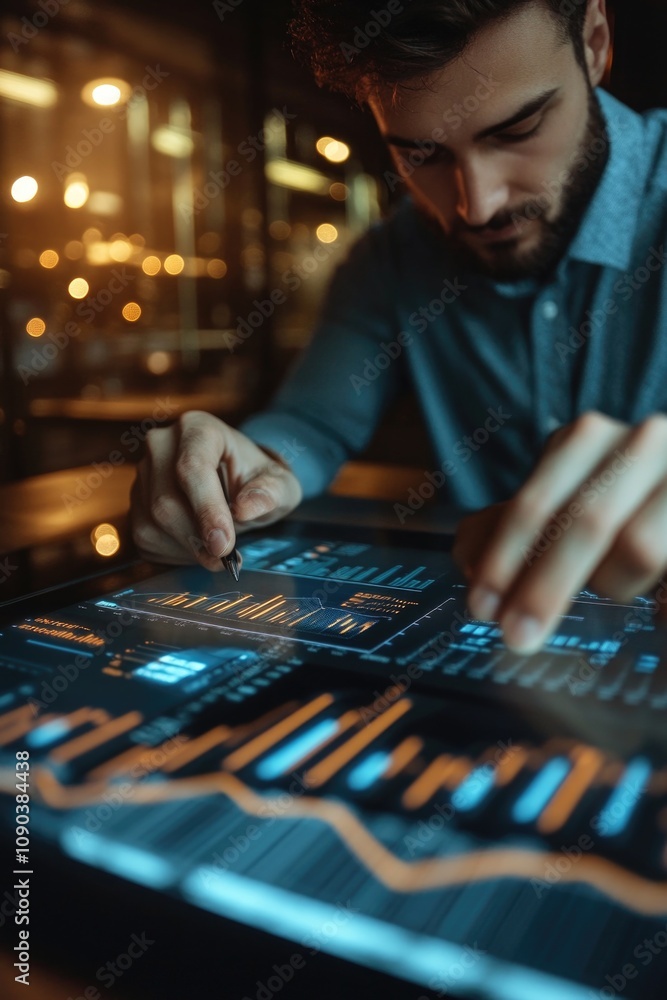 Poster man working with digital analytics on computer screen.