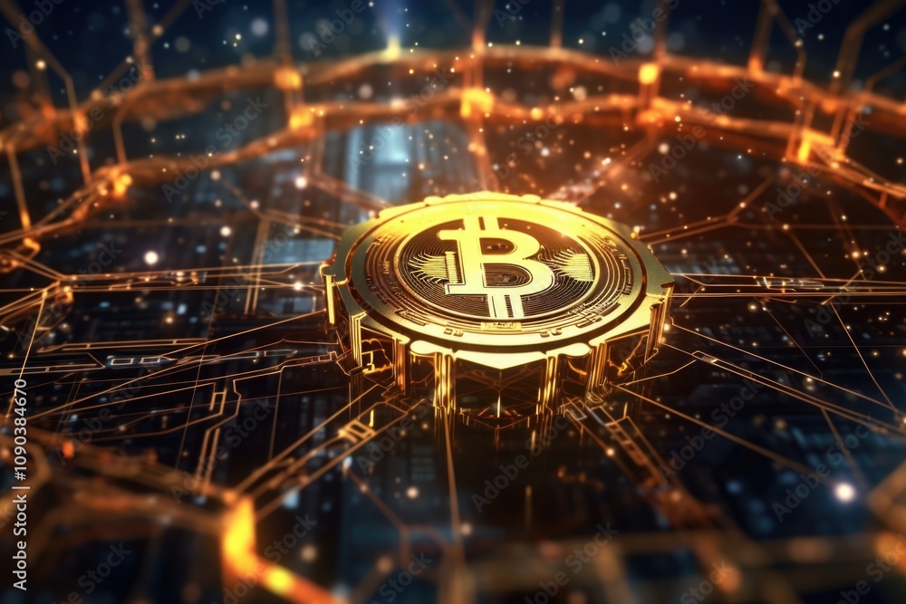 Poster bitcoin coin on a digital circuit board with golden circuitry and stars. a concept for blockchain te