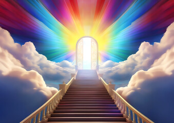 Staircase leading to heaven with colorful rays of light shining through the window