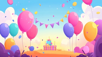 Birthday Party Background. Festive Birthday Scene with Balloons, Gifts, and Confetti