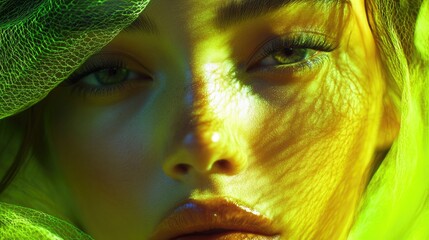 A stylized portrait of a woman's face with a yellow overlay, giving it an artistic and modern feel.