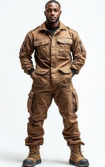 Fototapeta premium Confident man in brown tactical jumpsuit and boots posing against white background