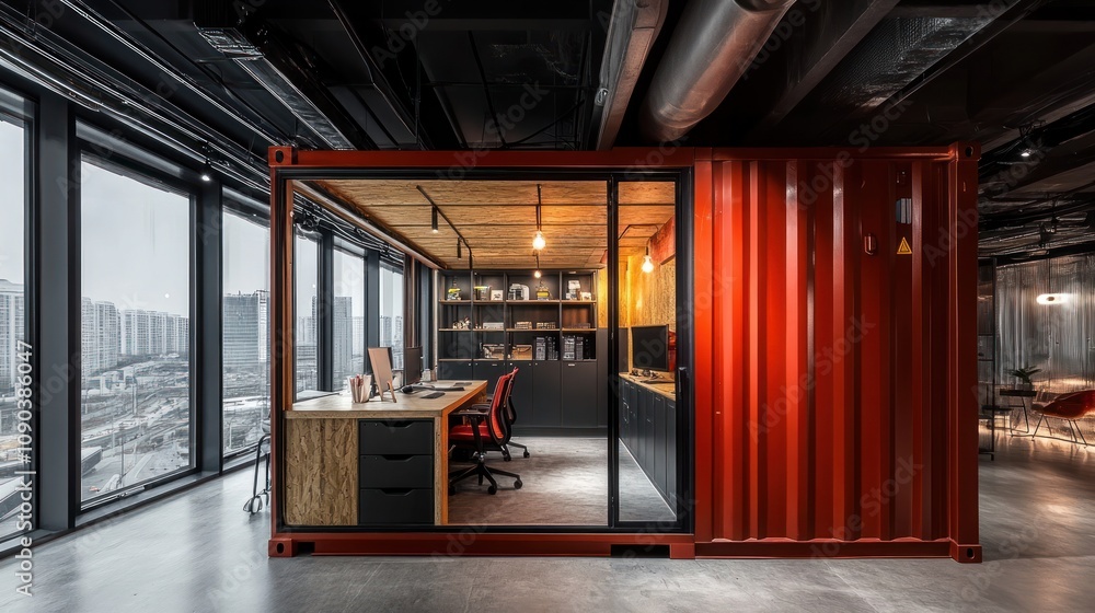 Poster modern office space inside a shipping container with a sleek design and functional layout.