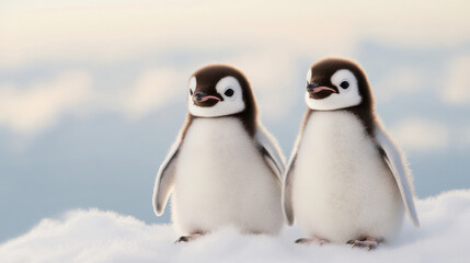 Obraz premium Two adorable penguin chicks stand on soft snow, showcasing their fluffy feathers and curious expressions. serene background highlights their innocence and charm