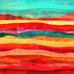Vibrant abstract landscape with layered patterns in warm colors