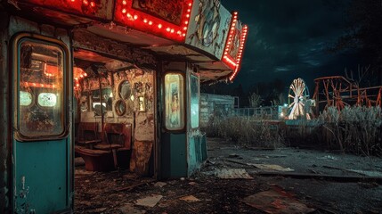 Obraz premium Here's a and keyword list for your image.. Abandoned carousel at night, showing decay and rust.