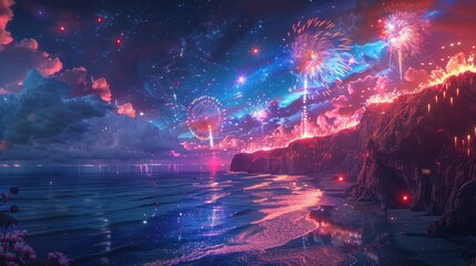 Fototapeta premium A surreal landscape with a cliffside overlooking a calm sea. Fireworks explode in the night sky, casting colorful reflections on the water.