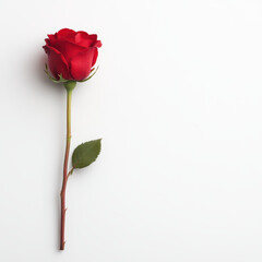Fototapeta premium single red rose with green leaf, symbolizing love and beauty, rests elegantly on white background, evoking feelings of romance and tenderness