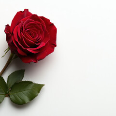 Fototapeta premium vibrant red rose with lush green leaves, symbolizing love and beauty, rests elegantly on clean white background, creating striking visual contrast