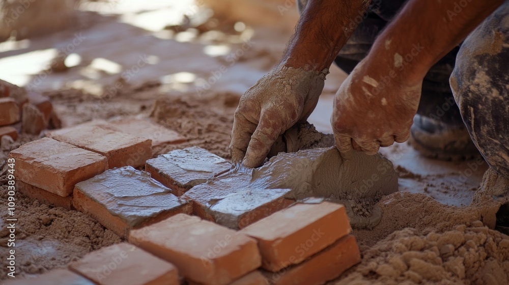 Poster a mason laying bricks with mortar, focusing on the intricate craftsmanship and attention to detail, 