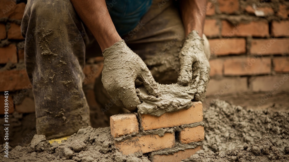Poster a mason laying bricks with mortar, focusing on the intricate craftsmanship and attention to detail, 