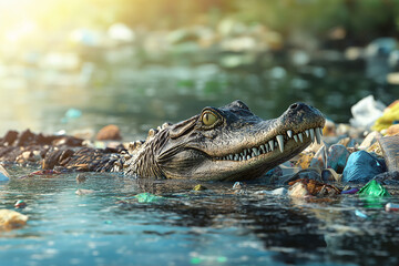 Obraz premium Alligator in polluted water environmental disaster wildlife plastic pollution reptile danger