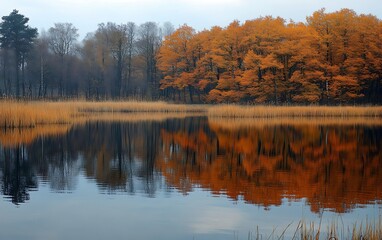 Obraz premium Autumn trees reflected in calm lake. (1)