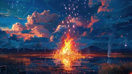 Fototapeta premium A fiery explosion in the sky with a reflection in the water.