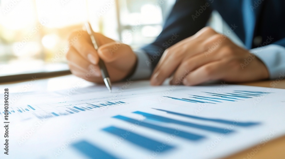Poster professional analysis of business reports with graphs and charts in modern office setting highlighti