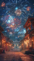 A colorful fireworks display explodes over a cobblestone street in a city with traditional architecture.