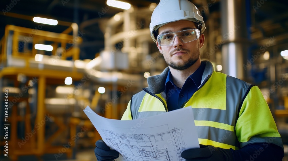 Poster a mechanical engineer in a white safety helmet and reflective jacket, holding a technical drawing an