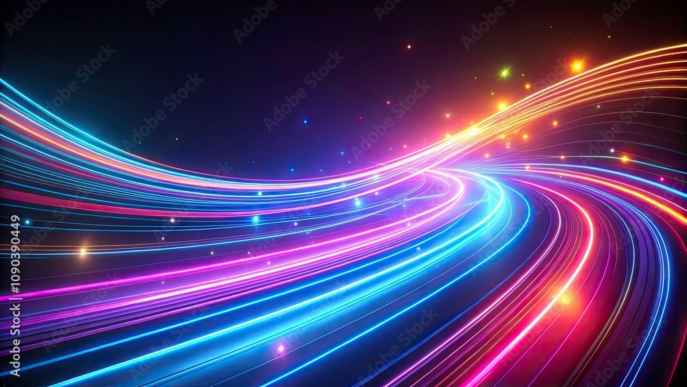 Poster abstract neon light trails on dark background for motion graphics, loopable animation, glowing effec