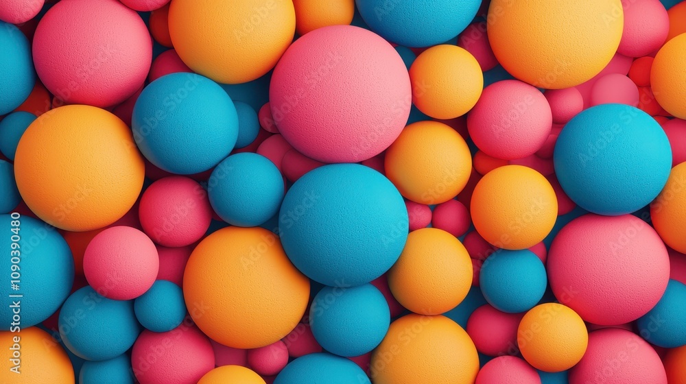 Poster a vibrant collection of colorful spheres in blue, pink, and orange, creating a playful and dynamic v