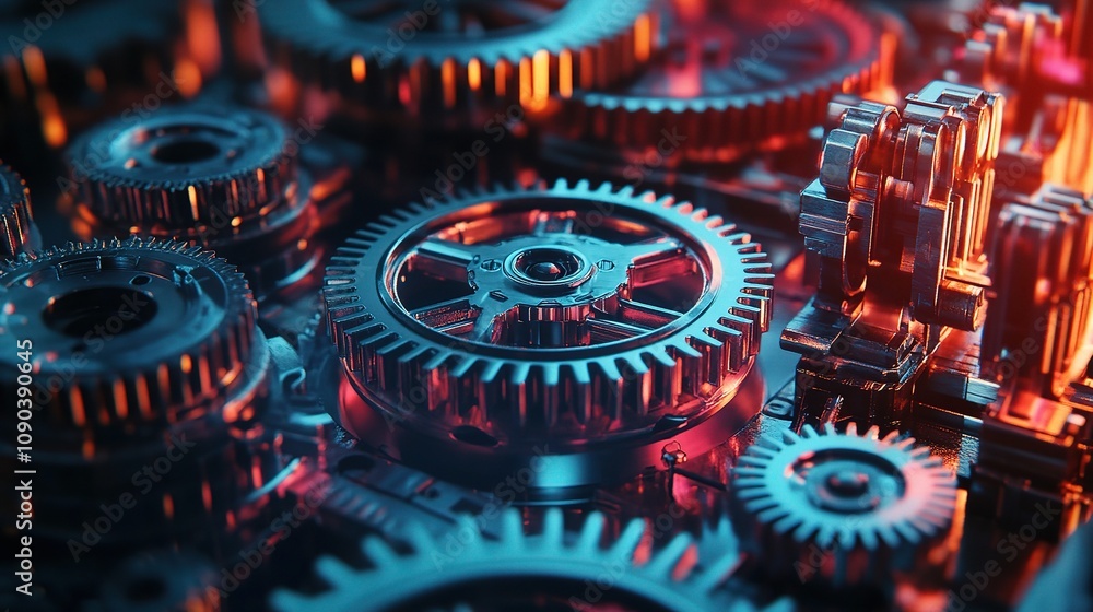 Poster intricate close-up of colorful gears and cogs featuring a metallic finish in an abstract arrangement