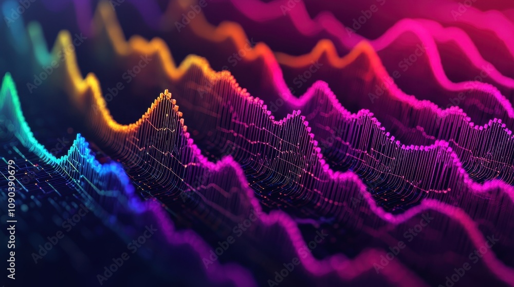 Poster a vibrant, abstract visualization of sound waves, showcasing colorful, wavy patterns that create a d