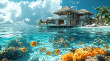 Obraz premium A detailed scene of a luxury overwater bungalow in Bora Bora, with the traveler diving into the clear blue water and detailed fish swimming below.