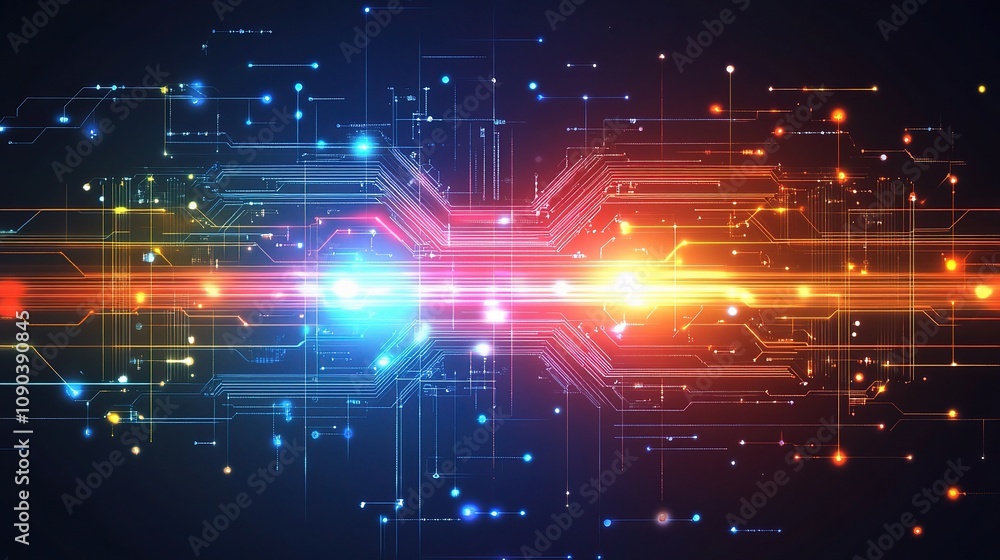 Poster futuristic digital circuit board with glowing lights and abstract technology elements in vibrant col