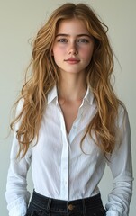 Fototapeta premium Confident young woman with long hair in casual white shirt