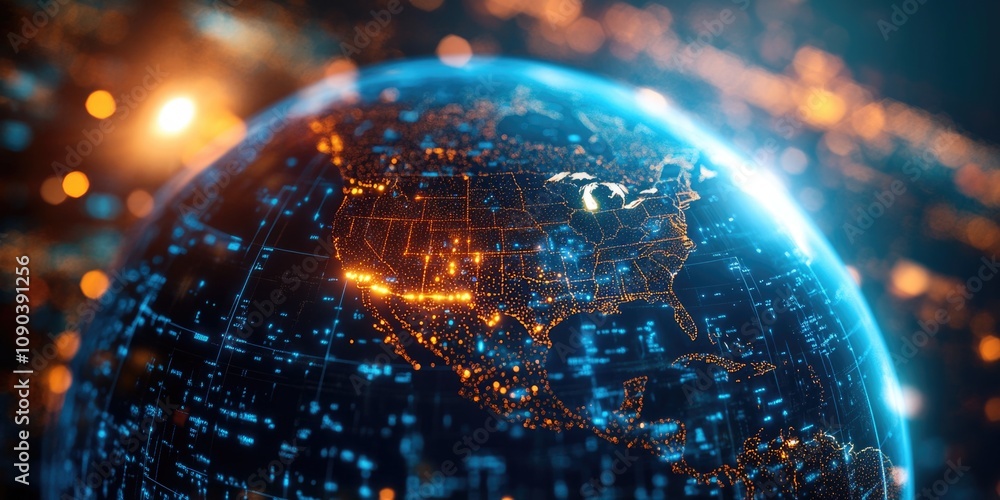 Poster abstract concept of global connectivity and digital infrastructure, represented by the earth surroun