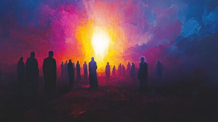 Fototapeta premium A vibrant, abstract scene depicting silhouetted figures against a glowing background.