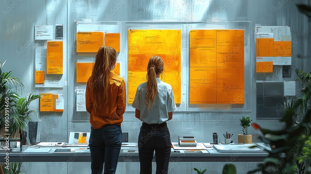 Fototapete a highly detailed image of a branding strategy session with a team analyzing various brand logos, vi