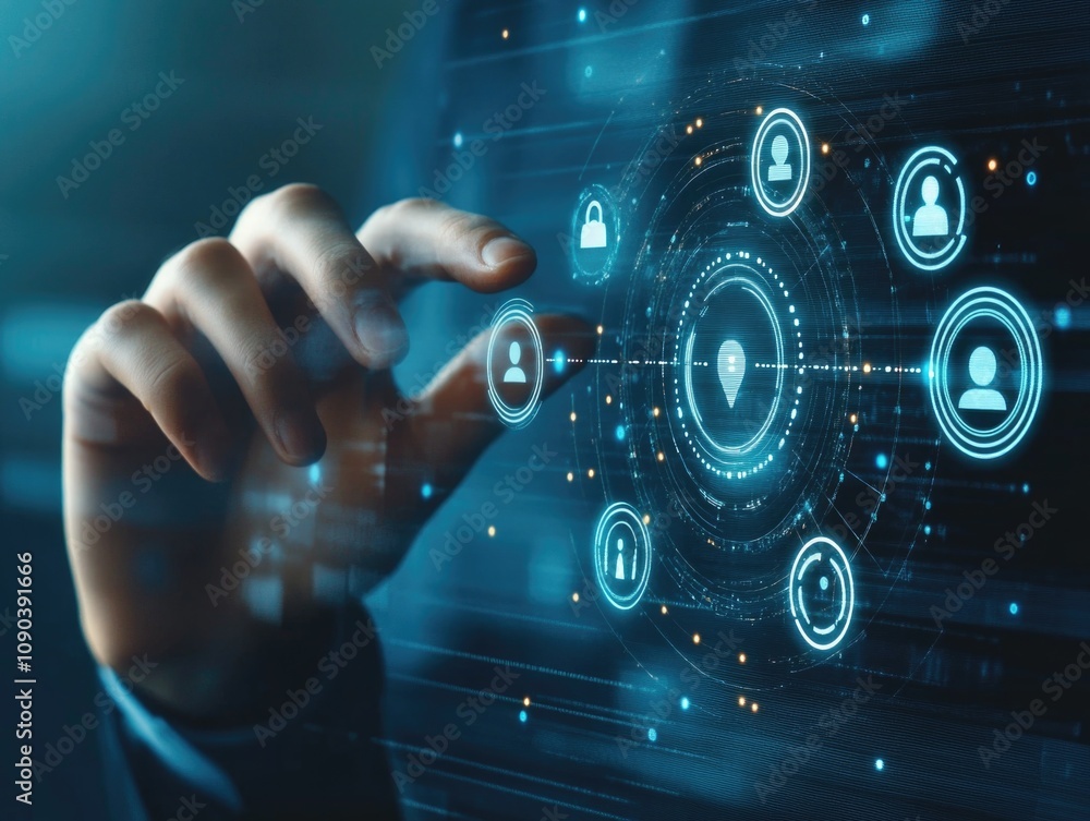Aufkleber hands on a holographic display screen, representing connectivity, data processing and ai