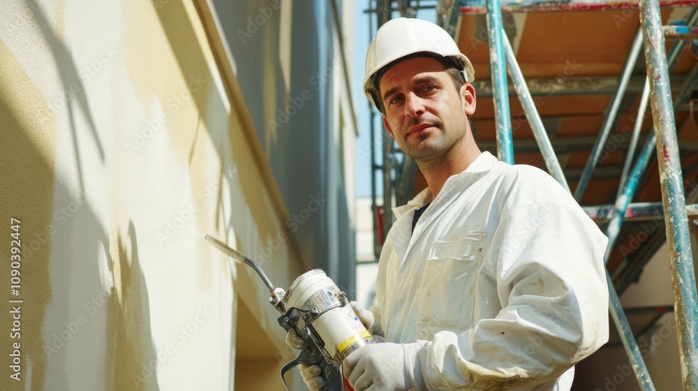 Poster a painter in a white coverall and hard hat, holding a paint sprayer and looking directly at the came