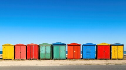 A row of colorful beach huts against a clear blue sky by the ocean.