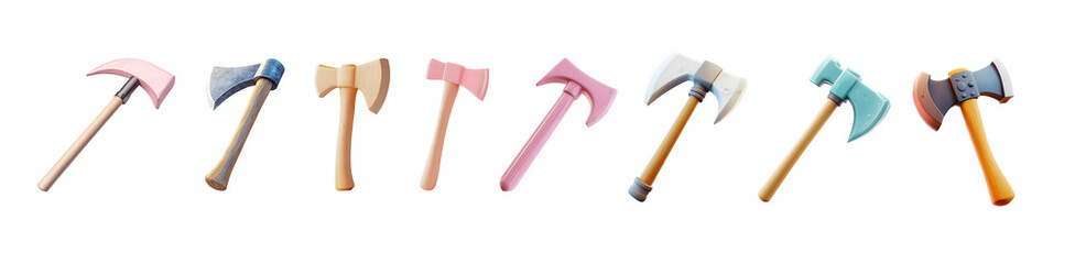 Collection of colorful toy axes, showcasing different designs and shapes.