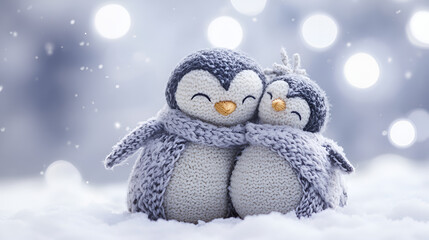 Obraz premium Hand woven penguin family huddling together under a soft snowfall cozy and warm winter vibe