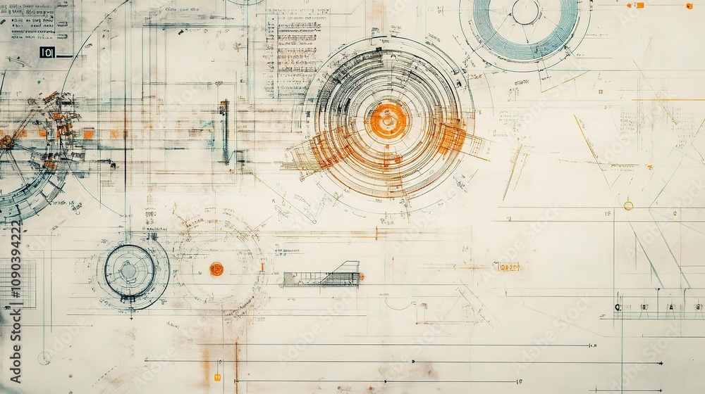 Poster abstract technical blueprint with circular patterns and geometric lines ideal for design and enginee