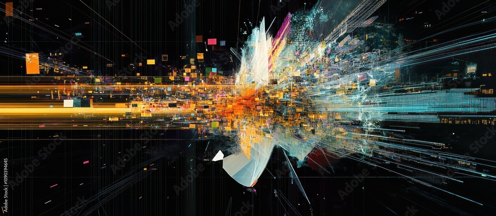 Poster abstract digital explosion of colorful data streams and particles.