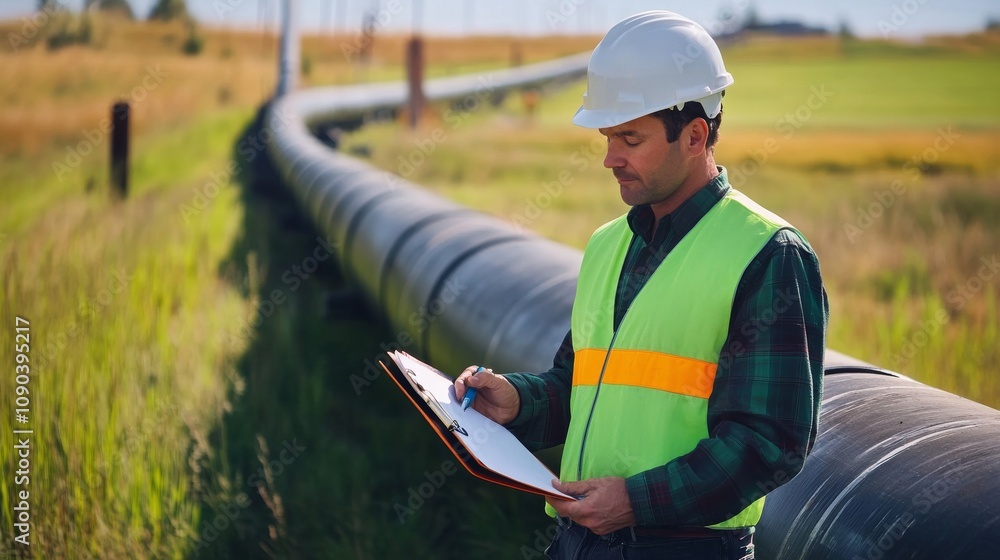 Poster A pipeline engineer in a green safety vest and hard hat, inspecting a large oil pipeline with a clipboard in hand, surrounded by open fields and pumping stations