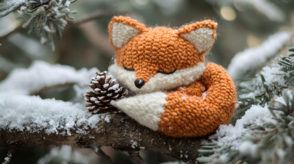 Fototapeta premium Handmade knitted fox curled up on a snowy branch endearing winter creature