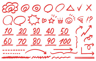 テスト採点に使う手書きの点数、花丸、矢印等のセット（赤）