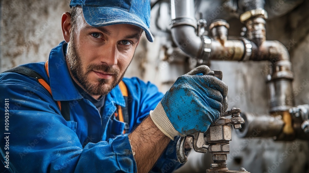 Poster a plumber in a blue uniform and protective gloves, tightening a pipe wrench and looking into the cam