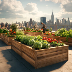 Fototapeta premium Gardener Tying Stems of Climbing Plants in Rooftop Vertical Garden.