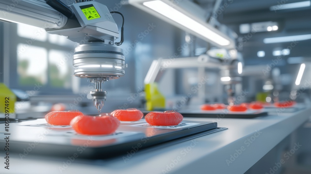Poster robotic machine handling red tomatoes in factory setting