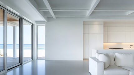 Fototapeta premium Modern beachfront living room with panoramic ocean views and minimalist design features