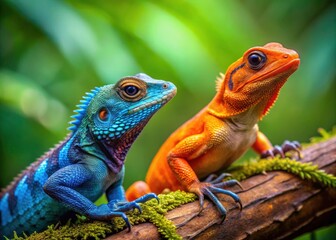 Close-up of Vibrant Blue and Orange Lizards on a Branch Surrounded by Lush Greenery in Tilt-Shift Photography Style