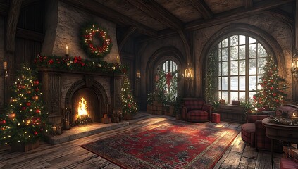 Obraz premium Cozy Room with Fireplace and Soft Rug 