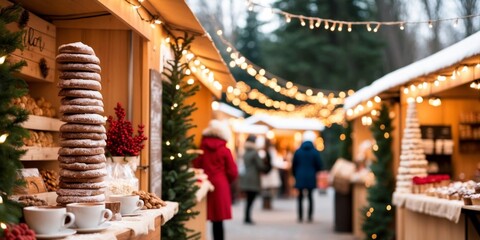 Fototapeta premium Outdoor holiday market with cozy stalls and warm holiday treats.